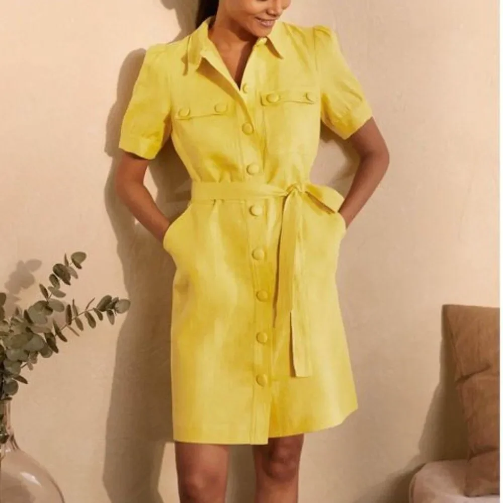 NWOT Boden Carrie Linen Women's Shirt Dress Daffodil Size 6P  Yellow with Belted - Picture 7 of 9